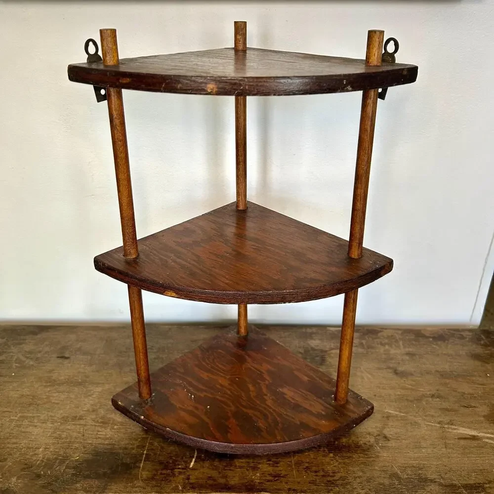 Vintage Wood Spindle Corner Shelf | 3 Tier Etagere Wall Decor